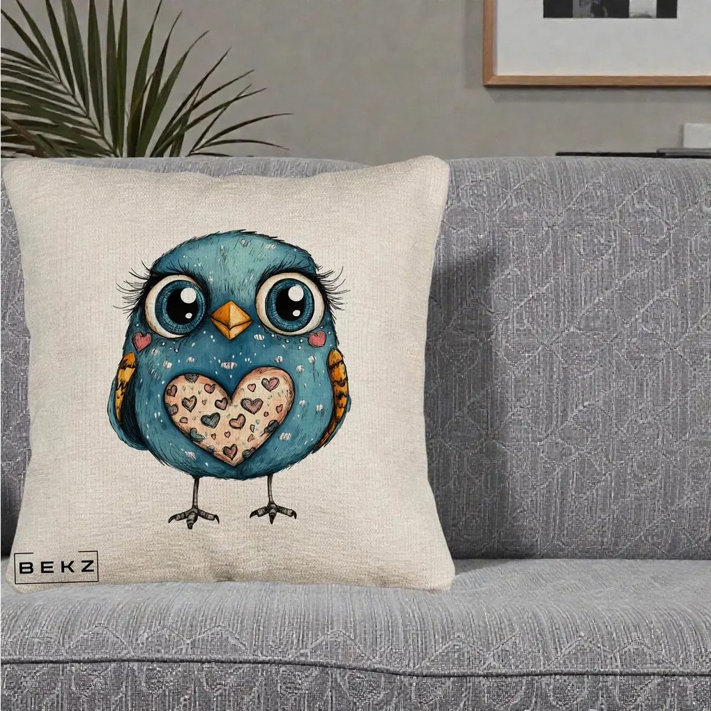 Perna Decorativa Bufnita Albastra cu Inimioare, 40x40 cm, Bej Canapea, Husa Detasabila, Perna Inclusa, BEKZ®