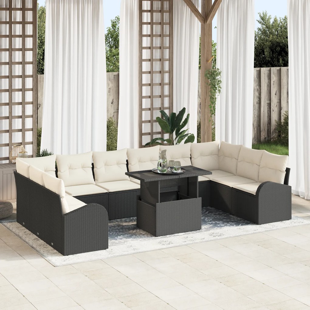vidaXL Set de Canapea pentru Grădină din 11 Piese cu Perne Rattan Negru
