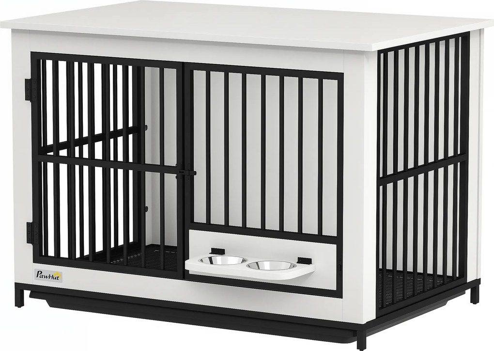 PawHut Cușcă mare pentru câini, acces ușor, închidere cu încuietoare, suport rotativ pentru boluri, pentru câini mici și mari, alb | Aosom Romania