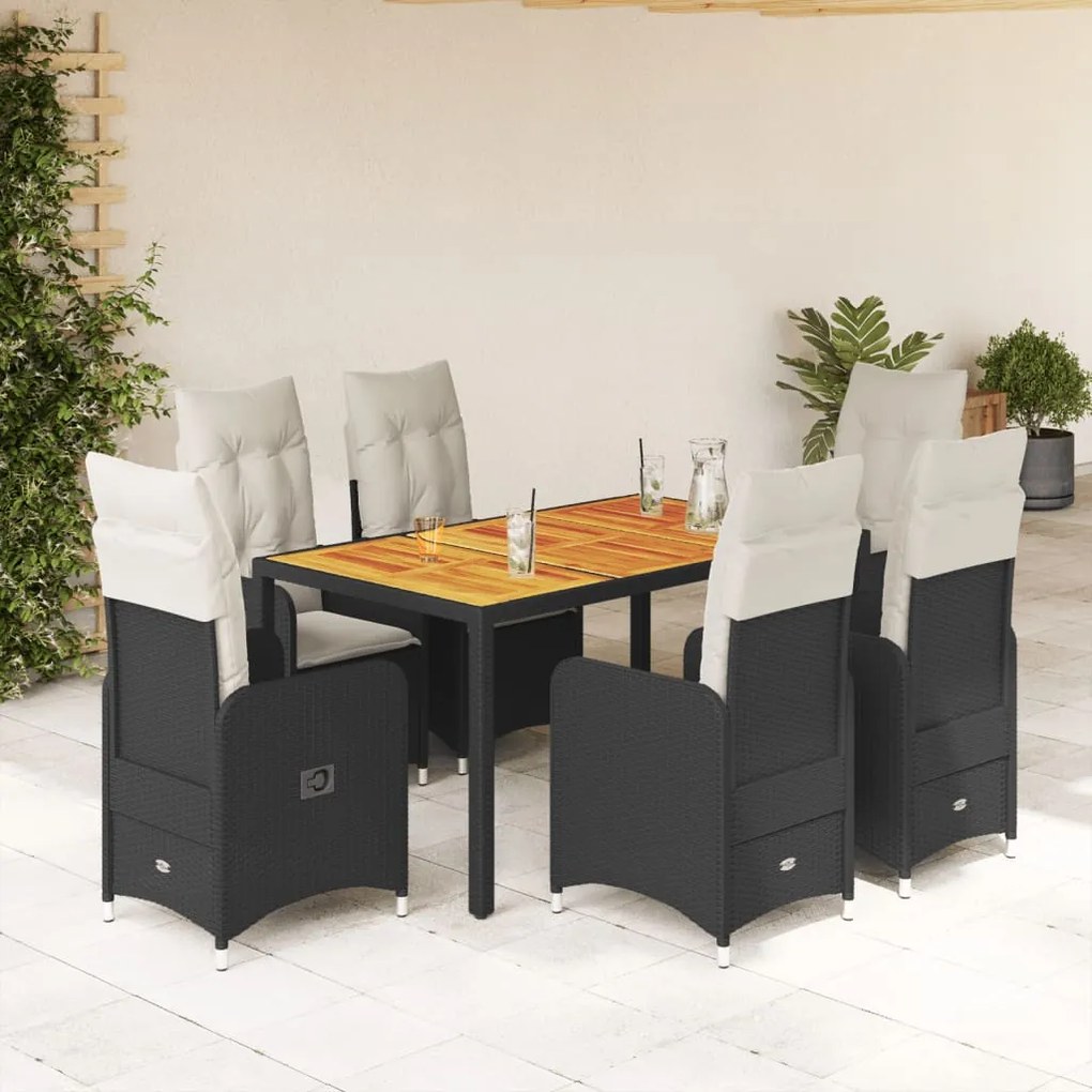 vidaXL Set bistro de grădină, 7 piese, cu perne, negru, poliratan