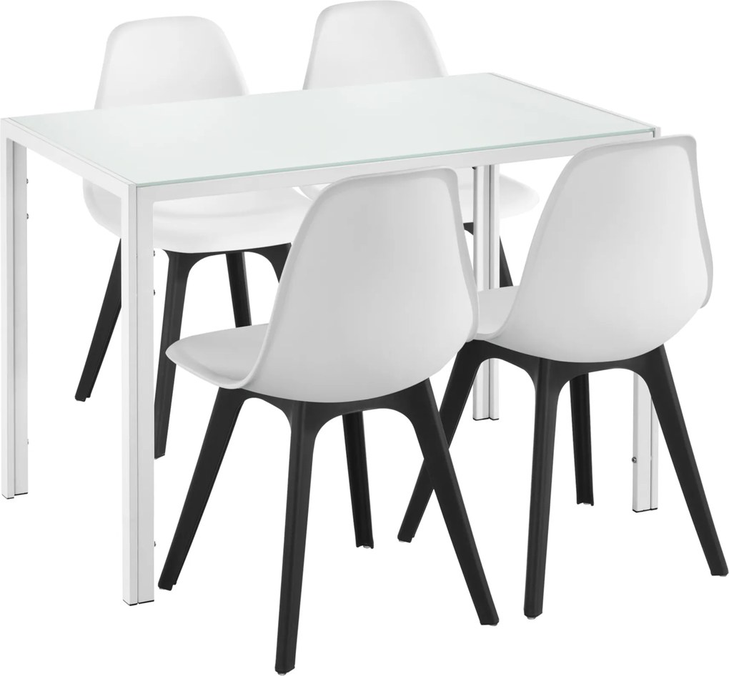[en.casa] Set Xenia masa cu 4 scaune design, masa 105 x 60 cm, scaun 83 x 54 cm, sticla/metal/plastic, alb/negru