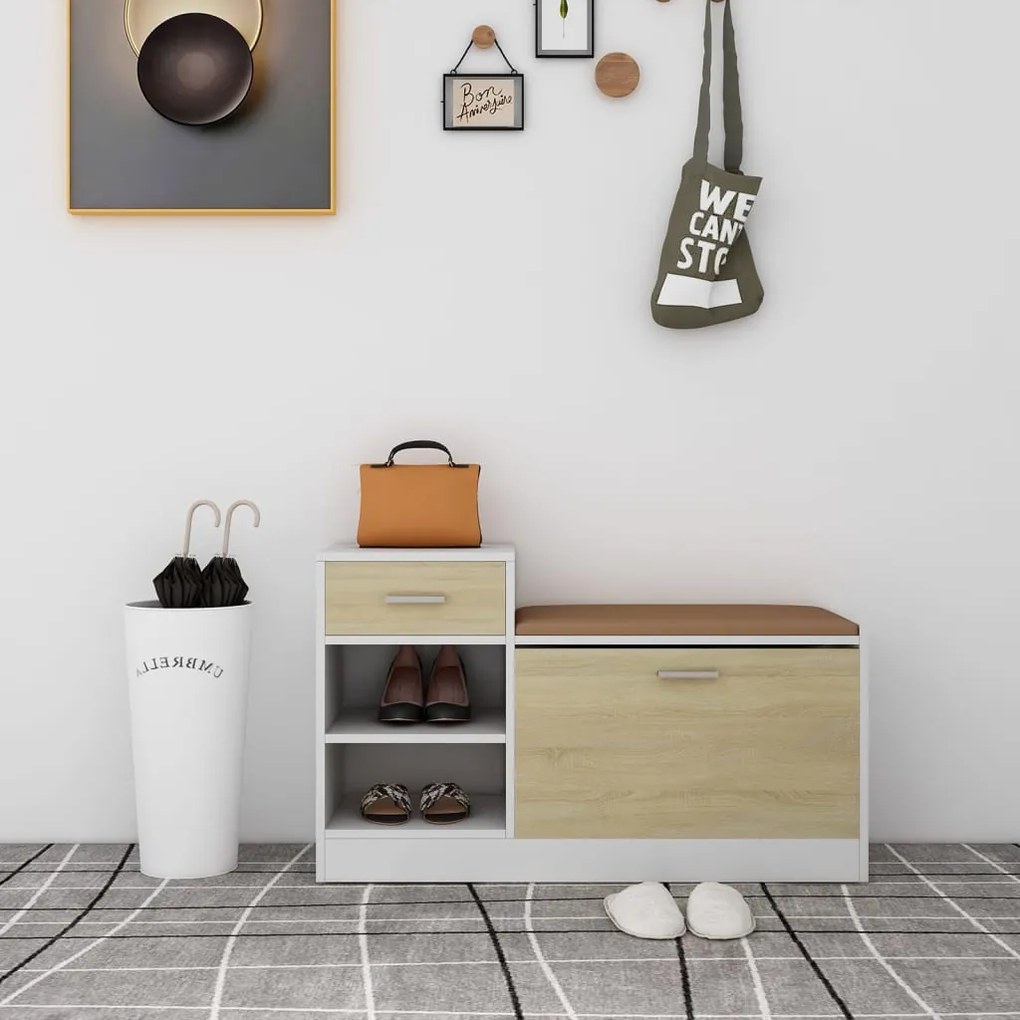 vidaXL Bancă pantofar alb/stejar sonoma 94,5x31x57 cm, lemn prelucrat