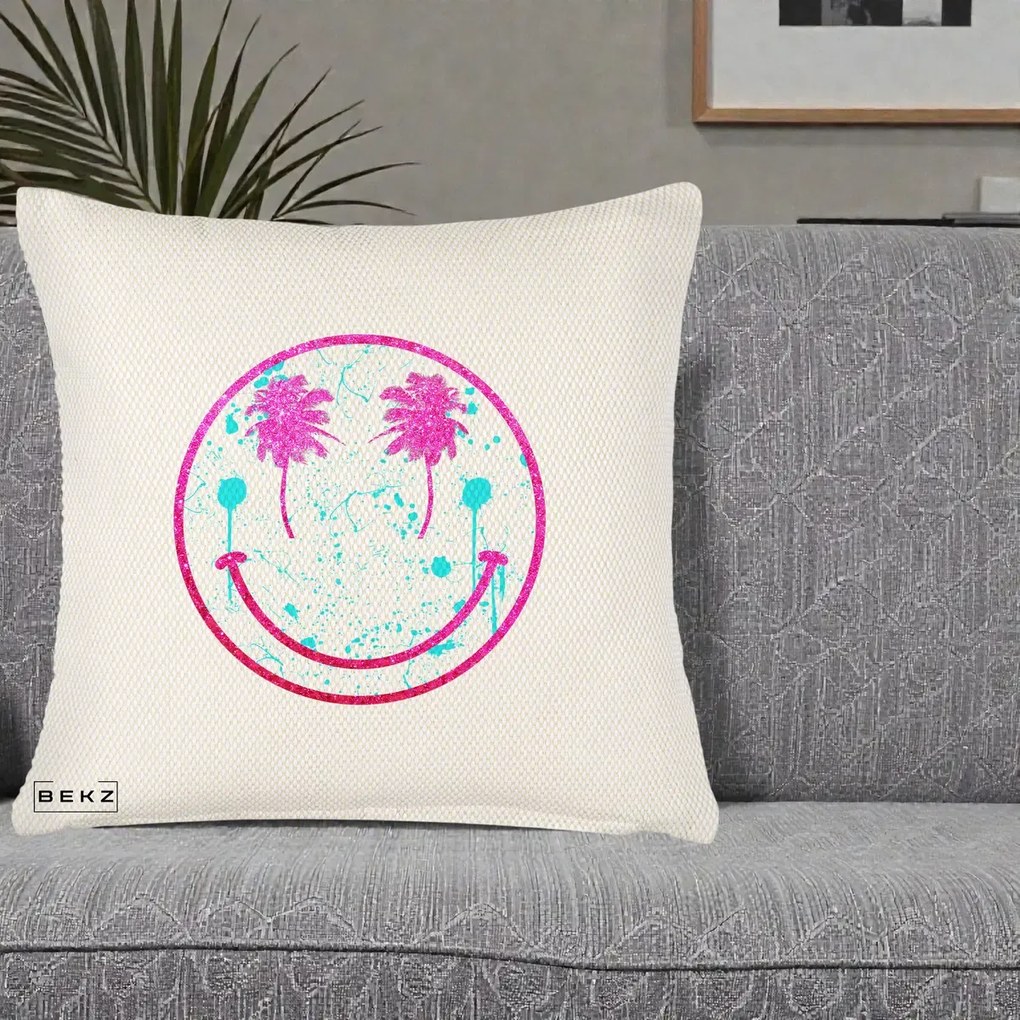 Perna Decorativa Smiley Face Tropical Glitter Roz, 40x40 cm, Crem Reliefat, Husa Detasabila, Perna Inclusa, BEKZ®