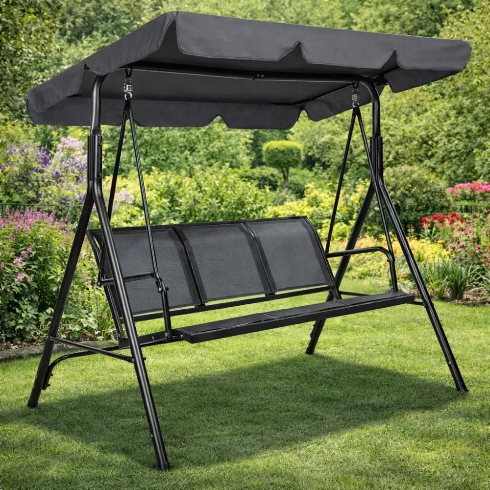 Balansoar de grădină, 3 locuri, cu baldachin și cadru din oțel, Gri