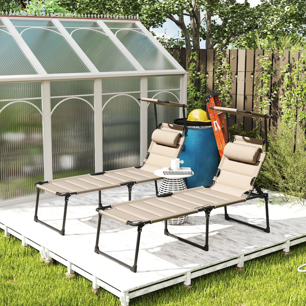 Outsunny Set de 2 șezlonguri pliabile confort sporit spătar parasolar reglabile multi-poziții, kaki | Aosom Romania