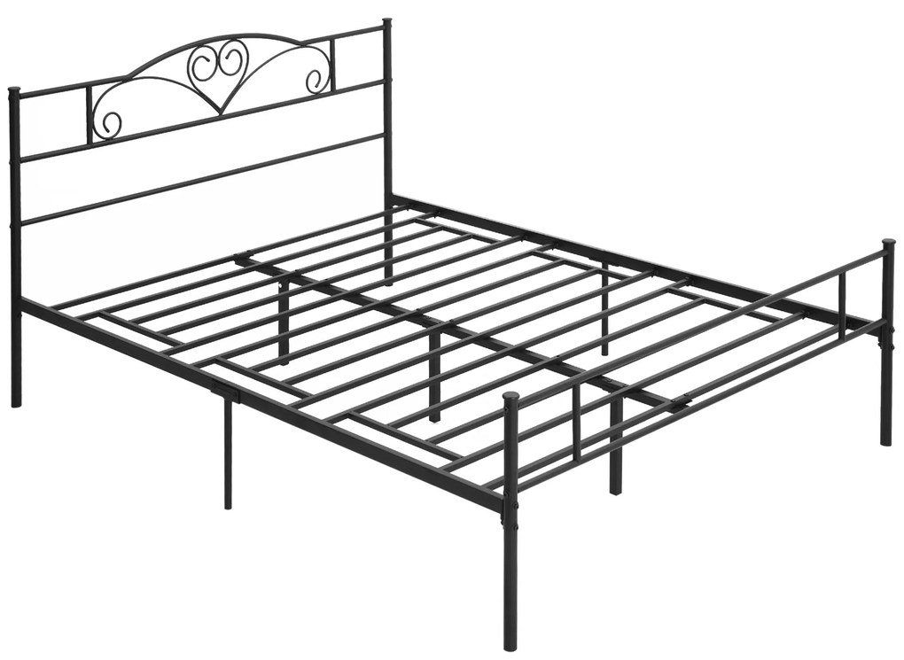 HOMCOM Structura Pat Matrimonial din Otel 160x200cm cu Sipci Integrate, Tetiera si Tablie, Spatiu de Depozitare, Negru | Aosom Romania