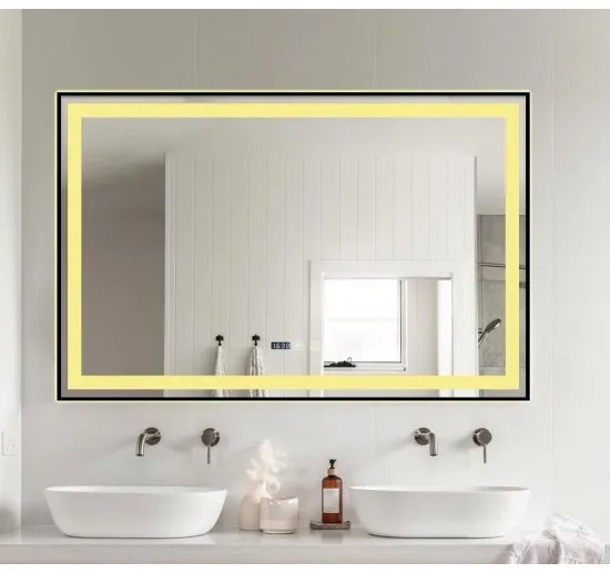 Oglindă Baie LED și Dezaburire Elit's Premium cu Senzor Touch, Lumina Rece, Caldă și Neutră, 100x65cm, cu rama Negru Antichizat, Ceas