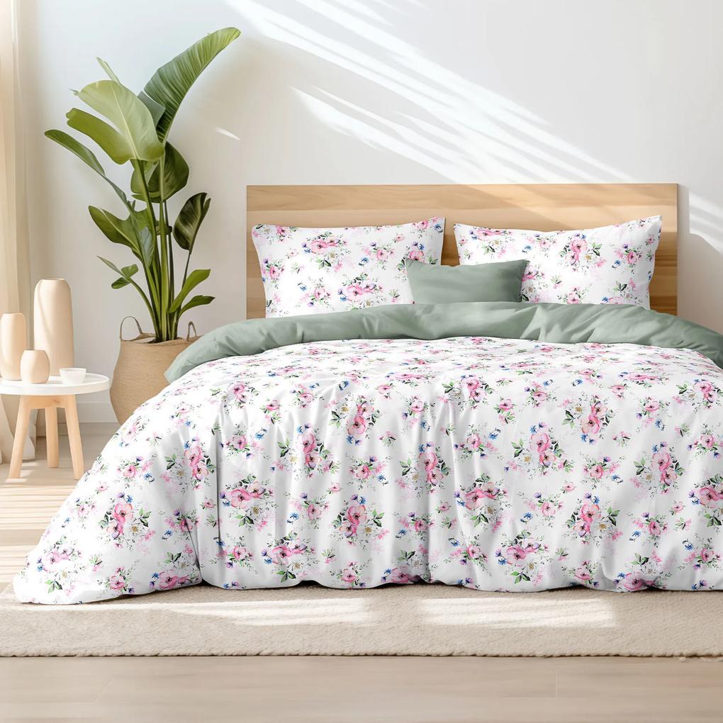 Goldea lenjerie de pat din 100% bumbac duo - sakura roz cu petale cu verde salvie 140 x 200 și 50 x 70 cm