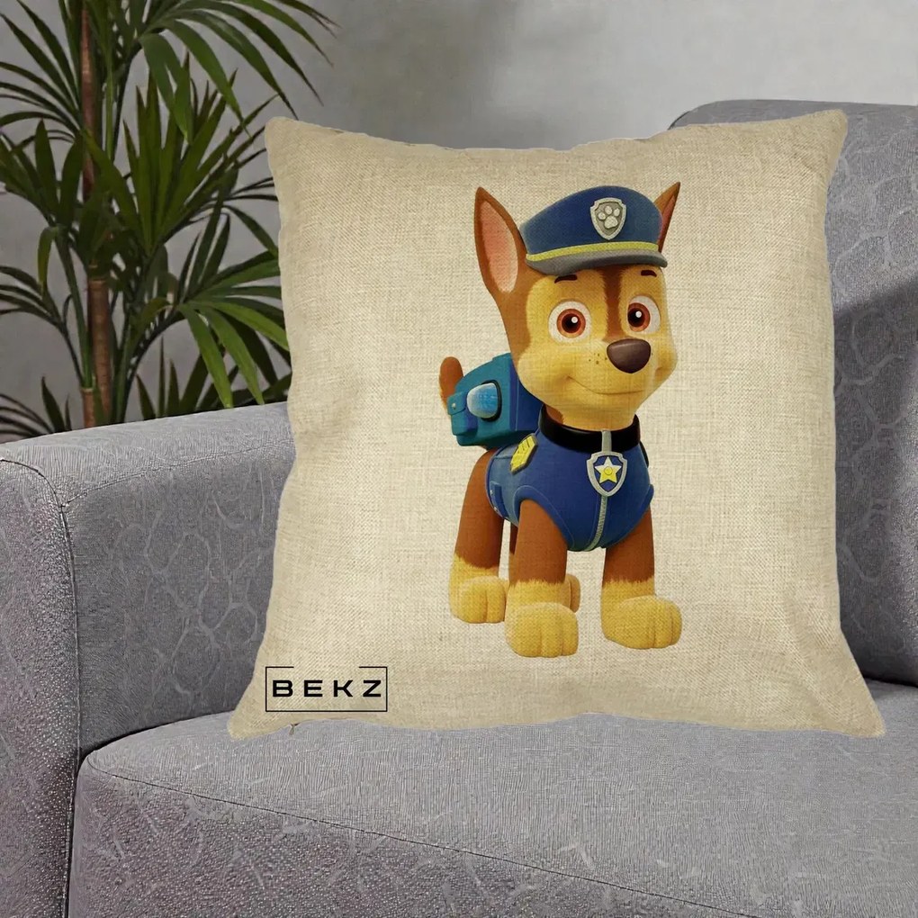 Perna Personalizata Chase PAW Patrol Albastru, 40x40 cm, Crem, Husa Detasabila, Perna Inclusa, BEKZ®