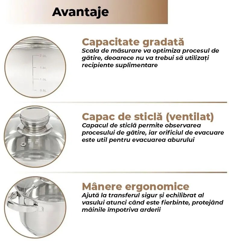 Set Vase Gătit din Inox, 8 Piese, Capacități 4.7 - 1.9 Litri, Bază 3 Straturi (Inducție), Capace din Sticlă Termorezistentă