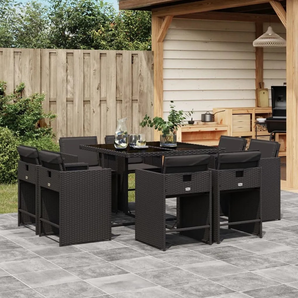 vidaXL Set mobilier de grădină cu perne, 9 piese, negru, poliratan