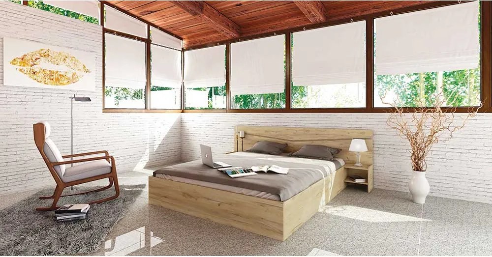 SET PAT MATRIMONIAL ELION,226X206X78 (160X200) CM,2 NOPTIERE INCLUSE,CULOARE STEJAR AURIU,PAL