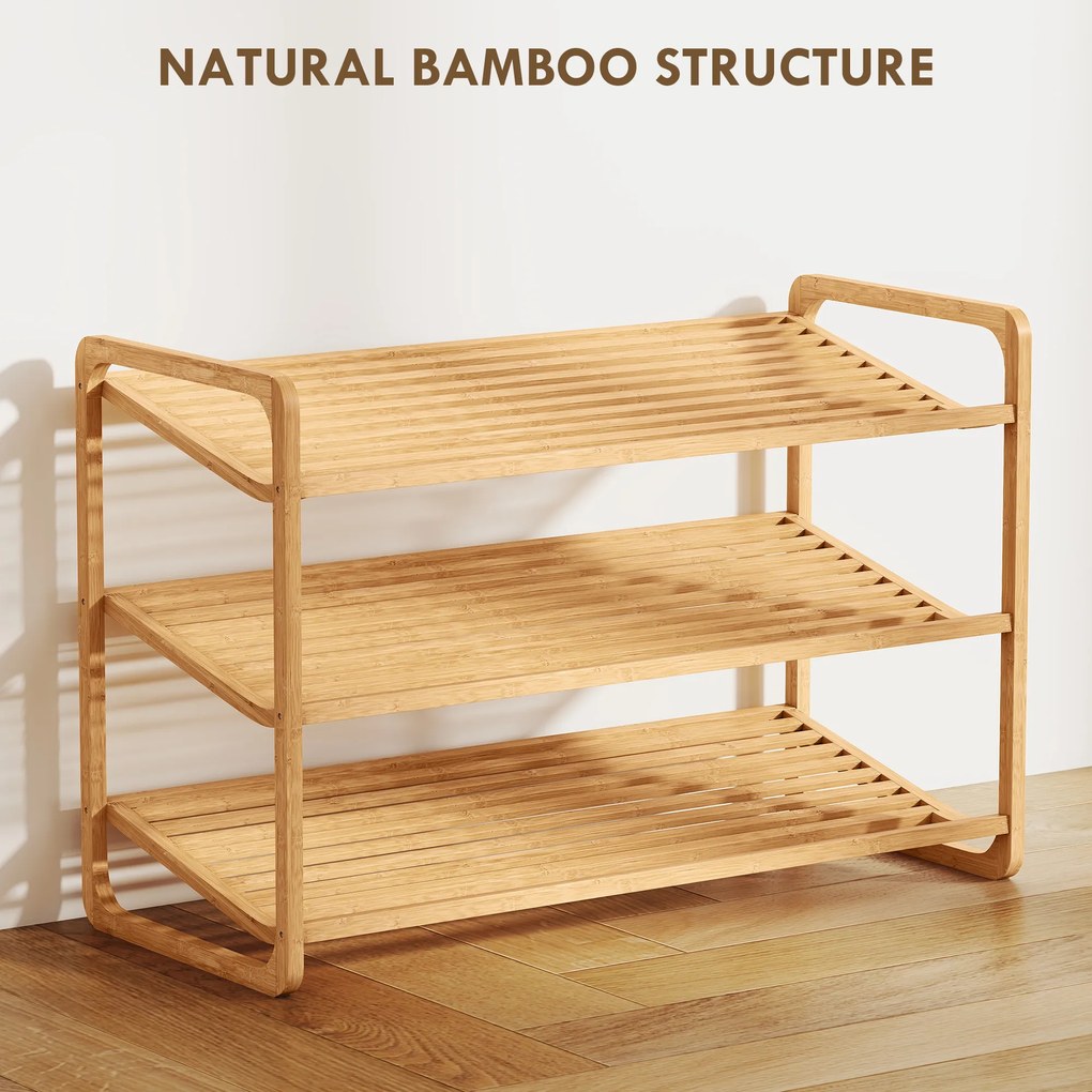 HOMCOM Etajeră pentru pantofi cu 3 rafturi pentru 12 perechi de pantofi din bambus 76x33x50.8 cm | Aosom Romania