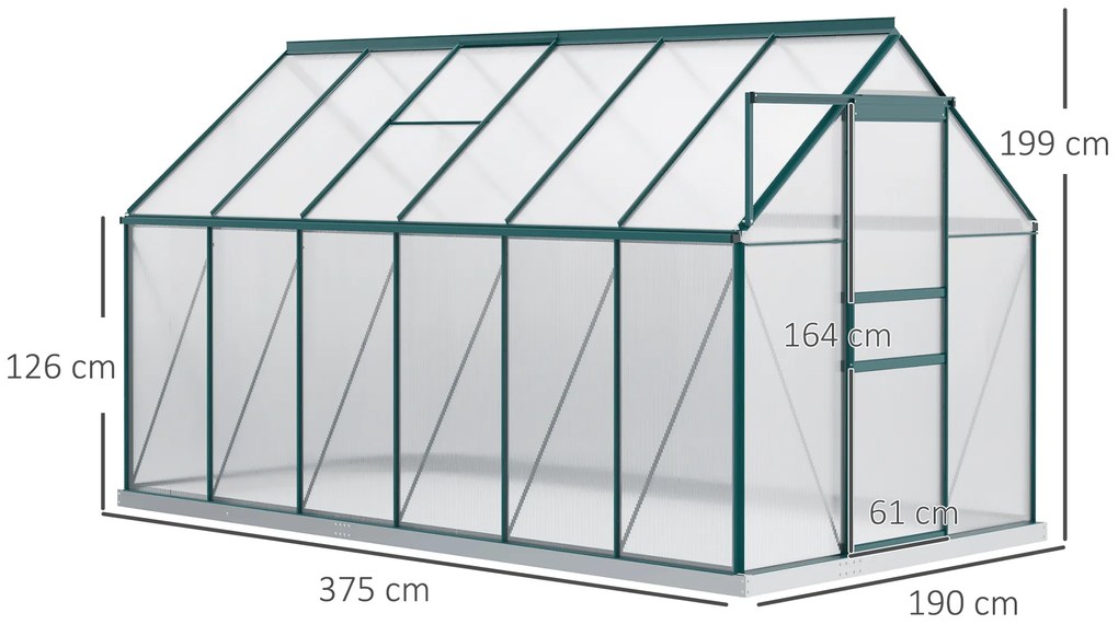 Outsunny Sera din aluminiu pentru plante cu ventilatie, sera pentru legume, fructe, ierburi 190 x 375cm, Verde | Aosom Romania