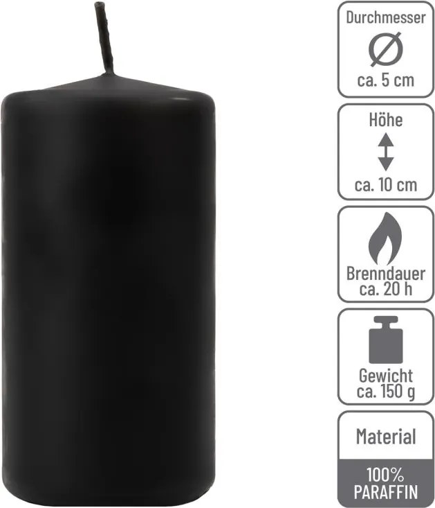 Set de lumânări cilindrice, 10 cm, Ø 5 cm, negru, 16 buc.