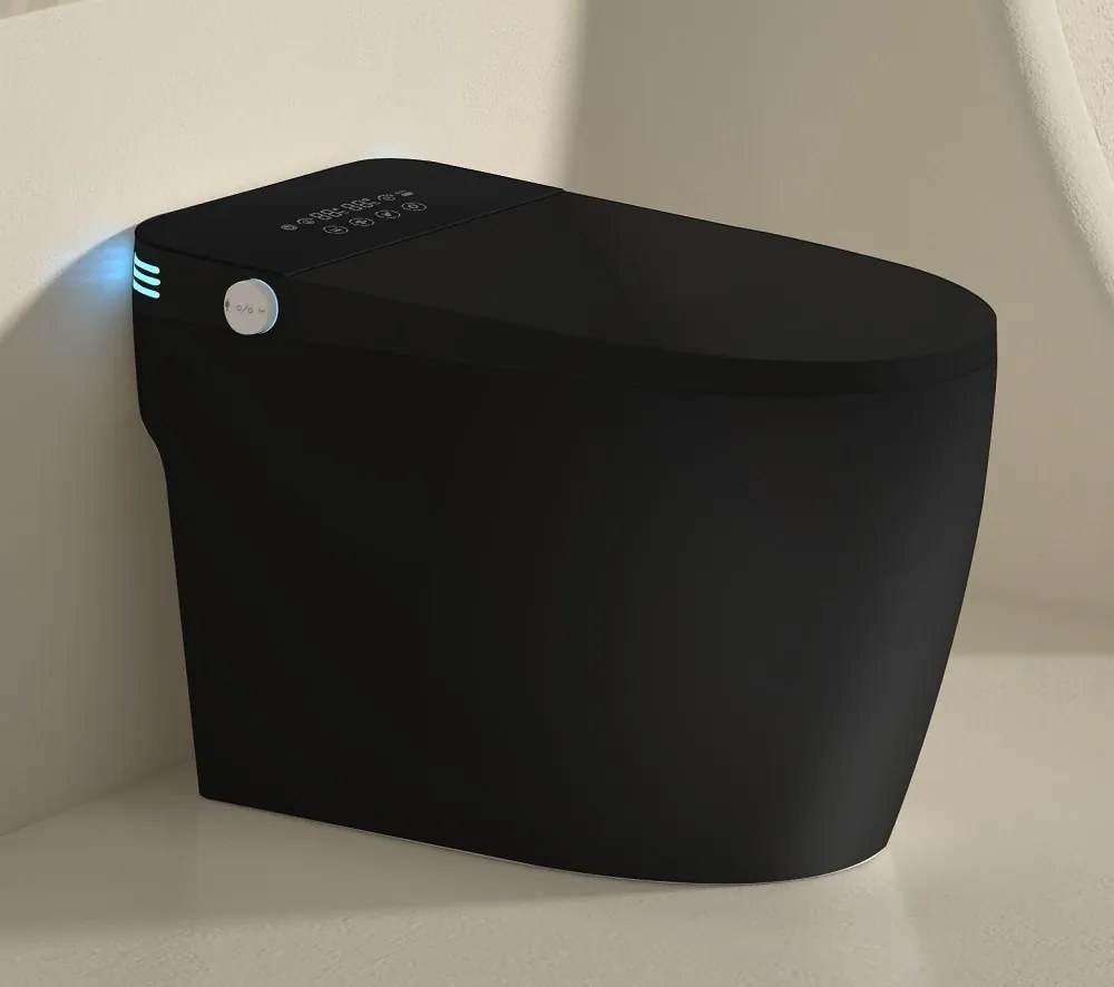 Smart WC 822 – Vas de Toaletă Inteligent cu Bideu, Sterilizare UV, Deschidere/Închidere automată, Senzor picior, Control inteligent al Temperaturii, Uscare aer cald, Iluminare de noapte, Afișaj LED, Telecomandă, Ceramică, Negru