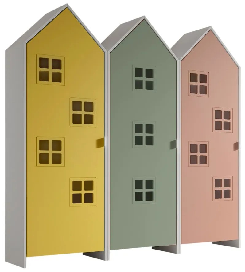 Set 3 dulapuri pentru copii Casami Bruges tip colibă de plajă – 1 cu ușă Roz Confortabil, 1 cu ușă Galben Strălucitor și 1 cu ușă Verde Intens –