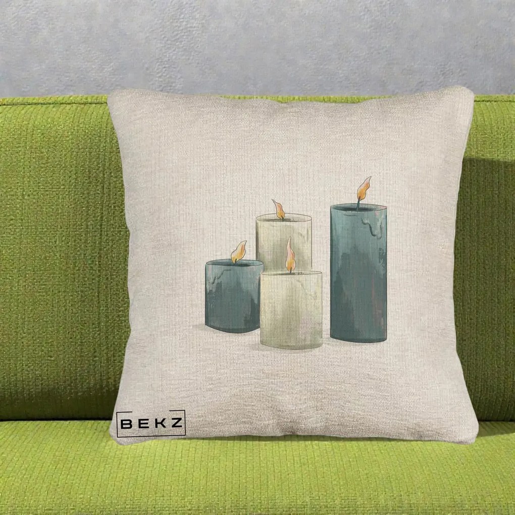 Perna Decorativa Lumanari Hygge Alb-Verde, 40x40 cm, Bej Canapea, Husa Detasabila, Perna Inclusa, BEKZ®