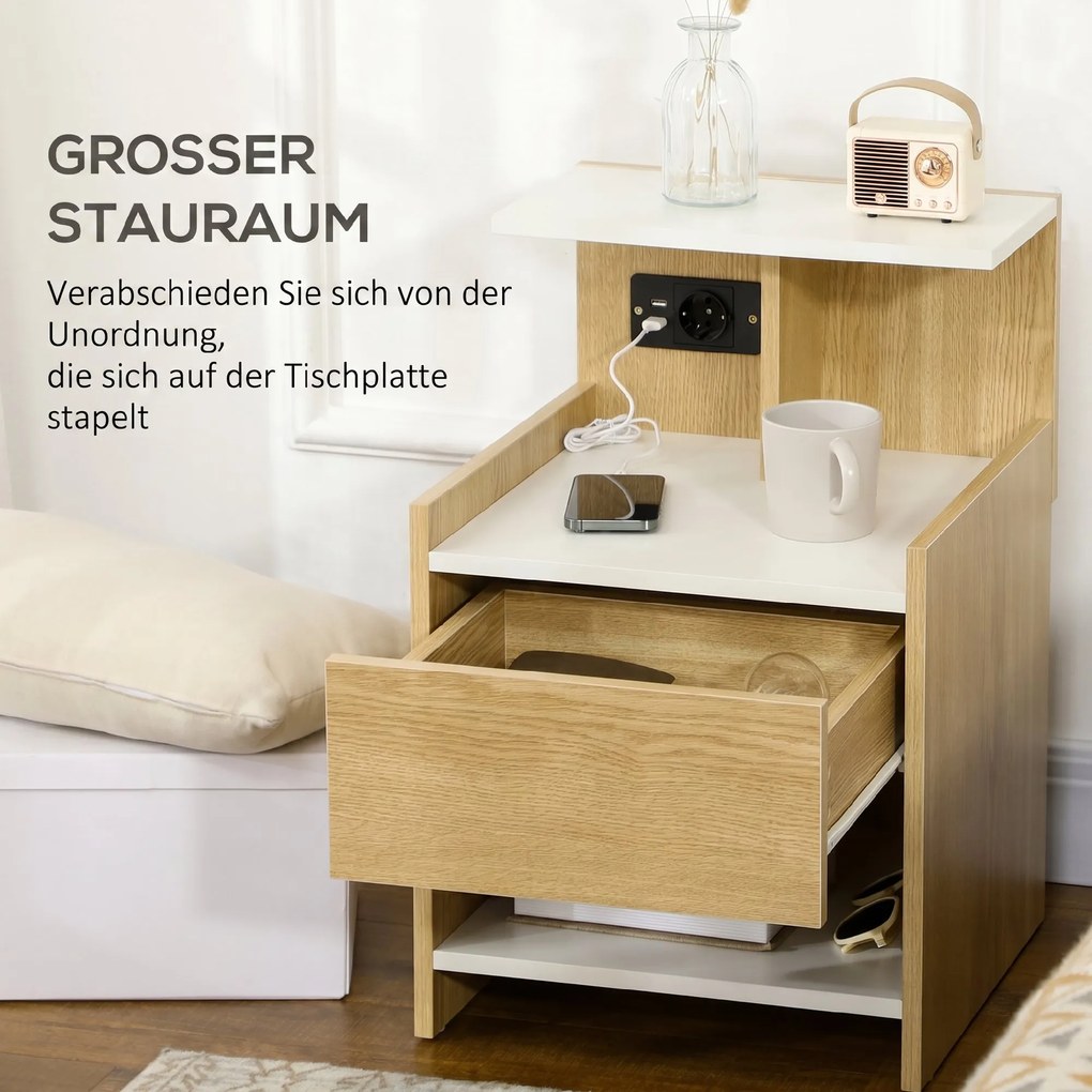 HOMCOM Noptieră Modernă cu Prize USB și Sertar, 40x40x60cm, Lemn Natural | Aosom Romania