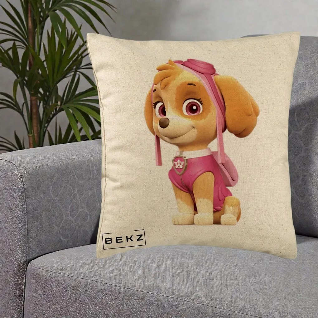 Perna Personalizata Skye PAW Patrol Roz, 40x40 cm, Bej, Husa Detasabila, Perna Inclusa, BEKZ®