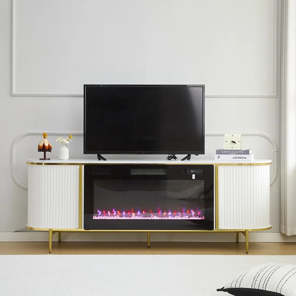 Comodă TV cu șemineu electric cu Încălzire, iluminare LED , 12 culori, Telecomandă, 180 cm, MOB190 Alb
