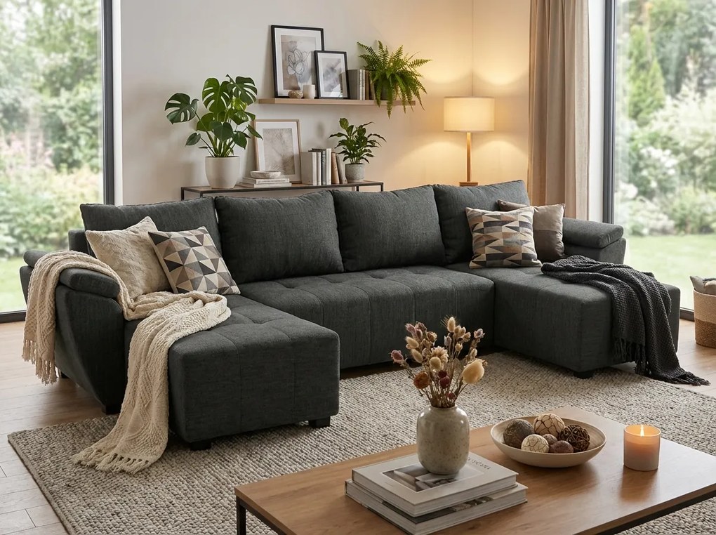 Coltar extensibil in U LIVARO 305x140 cm, gri inchis