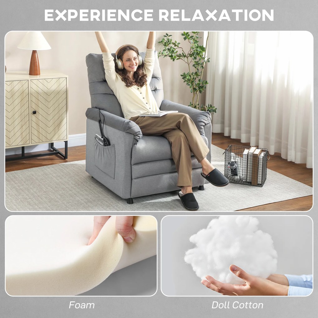 HOMCOM Fotoliu Relaxant Electric de Masaj și Încălzire cu Suport pentru Picioare, Silențios, Reclinabil 150° în Catifea Prietenoasă cu Animalele cu Funcție de Memorare, 2 Telecomenzi pentru Sufragerie, Gri | Aosom Romania