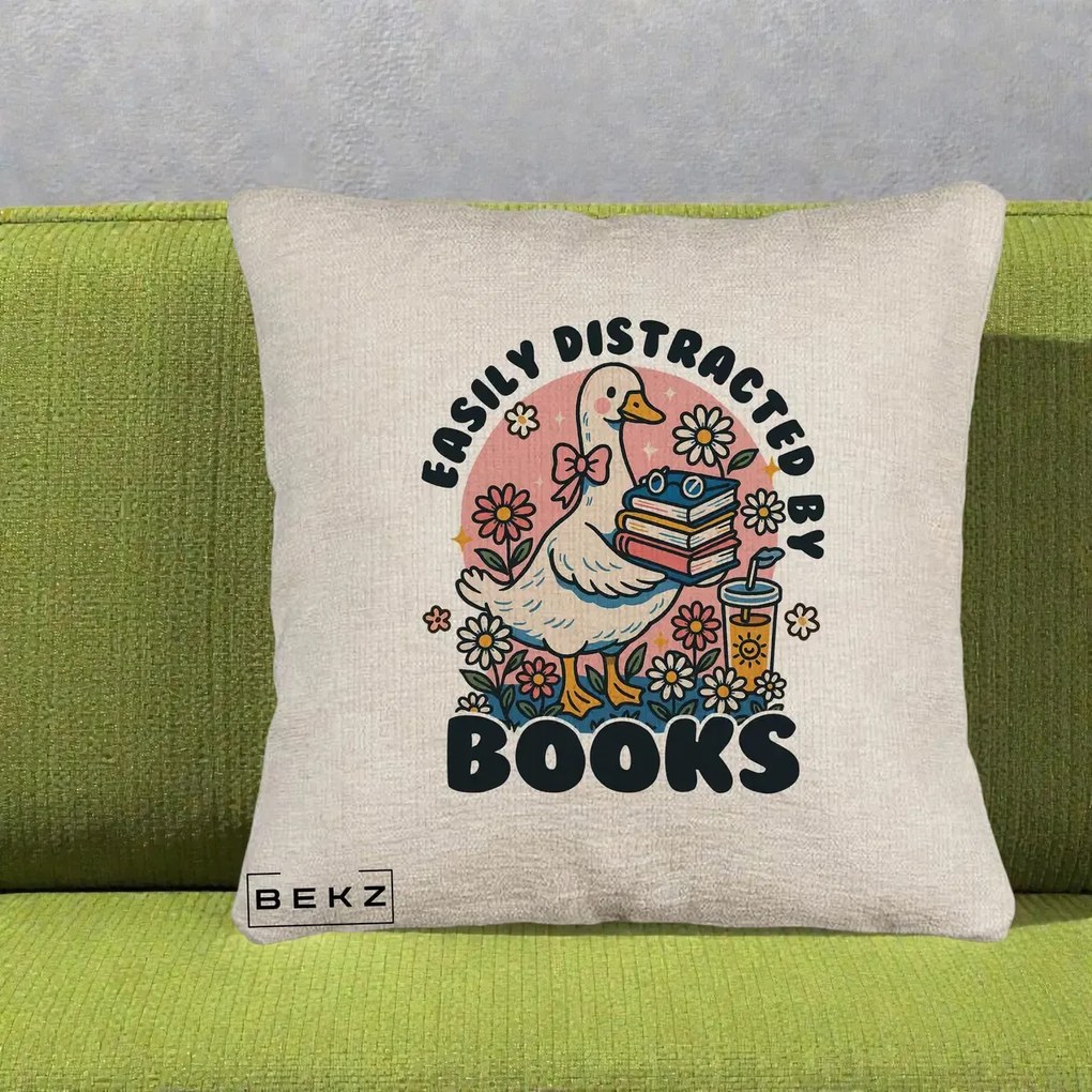 Perna Personalizata Easily Distracted by Books, 40x40 cm, Bej Canapea, Husa Detasabila, Perna Inclusa, BEKZ®