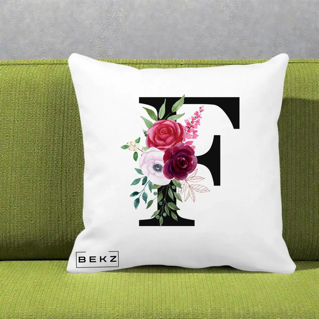 Cadou Personalizat - Perna Personalizata Monograma Florala Litera F, 40x40 cm, Alba Mata, Husa Detasabila, Perna Inclusa, BEKZ®