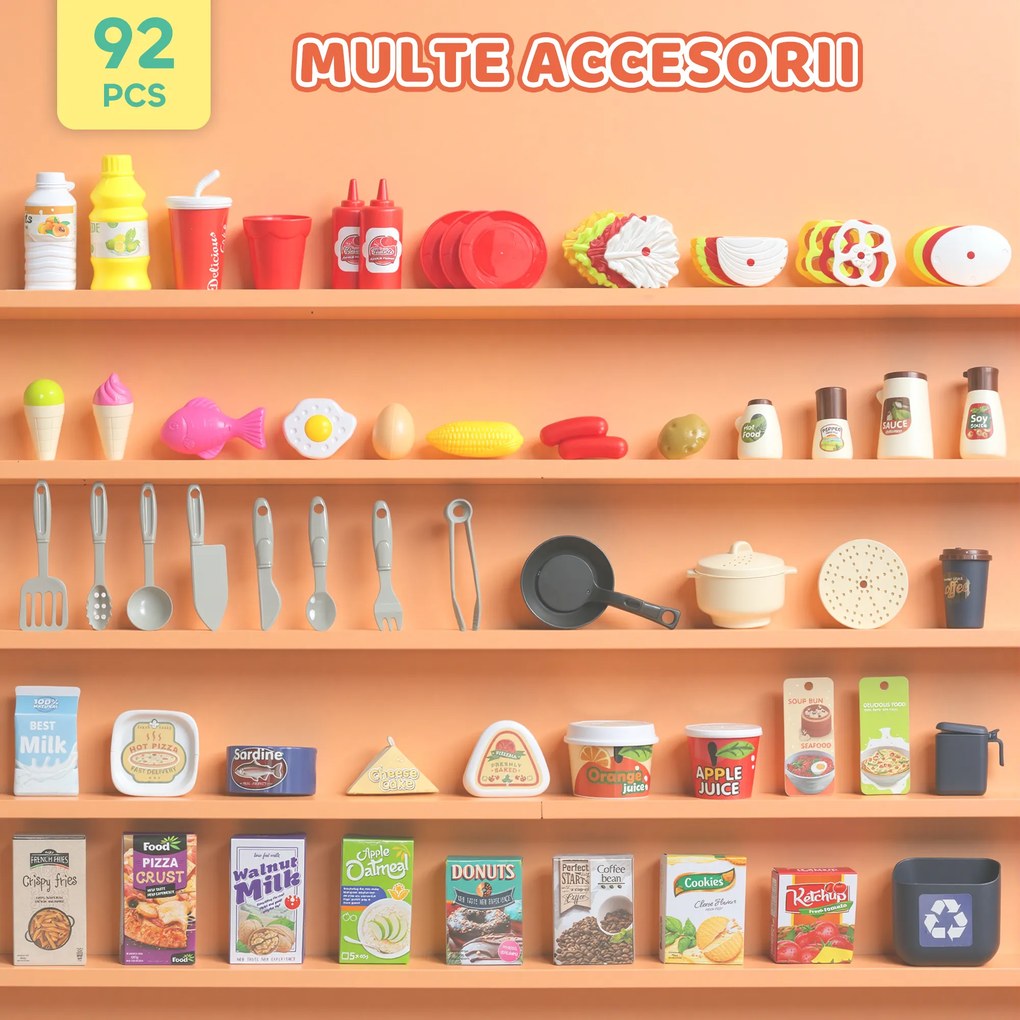 AIYAPLAY Bucătărie de Jucărie pentru Copii 3-6 Ani cu 92 de Accesorii, din PP, PE și ABS, 44.5x24x79 cm, Verde | Aosom Romania