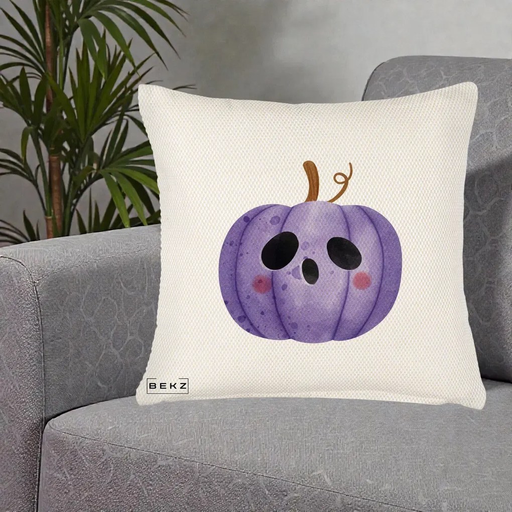 Perna Decorativa Dovleac Halloween Mov Kawaii, 40x40 cm, Crem Reliefat, Husa Detasabila, Perna Inclusa, BEKZ®