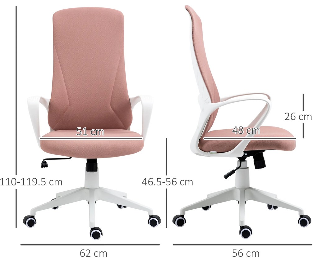 Vinsetto Scaun de birou ergonomic și căptușit, cu înălțime ajustabilă și balans, 62x56x110-119,5 cm, roz | Aosom Romania