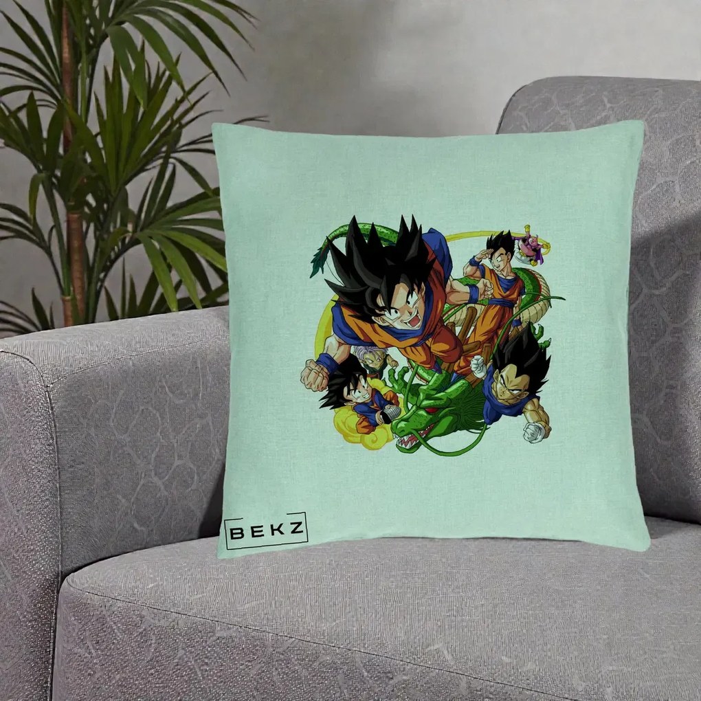 Perna Personalizata Dragon Ball Goku si Shenron Actiune, 40x40 cm, Verde Menta, Husa Detasabila, Perna Inclusa, BEKZ®