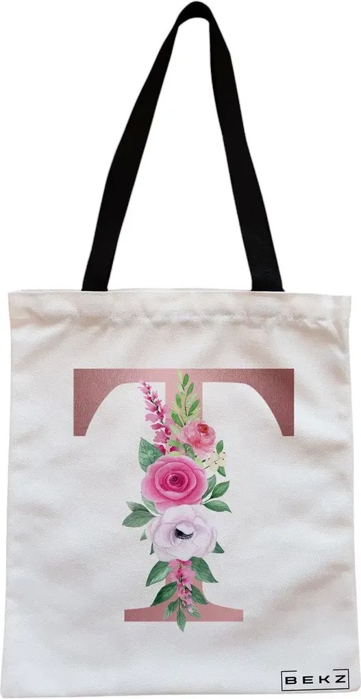 Sacosa de Panza pentru Cumparaturi, Geanta Tote, Cu litera T Rose Gold si Trandafiri, Cu fermoar, 38x34.5 cm, Alba, BEKZ®