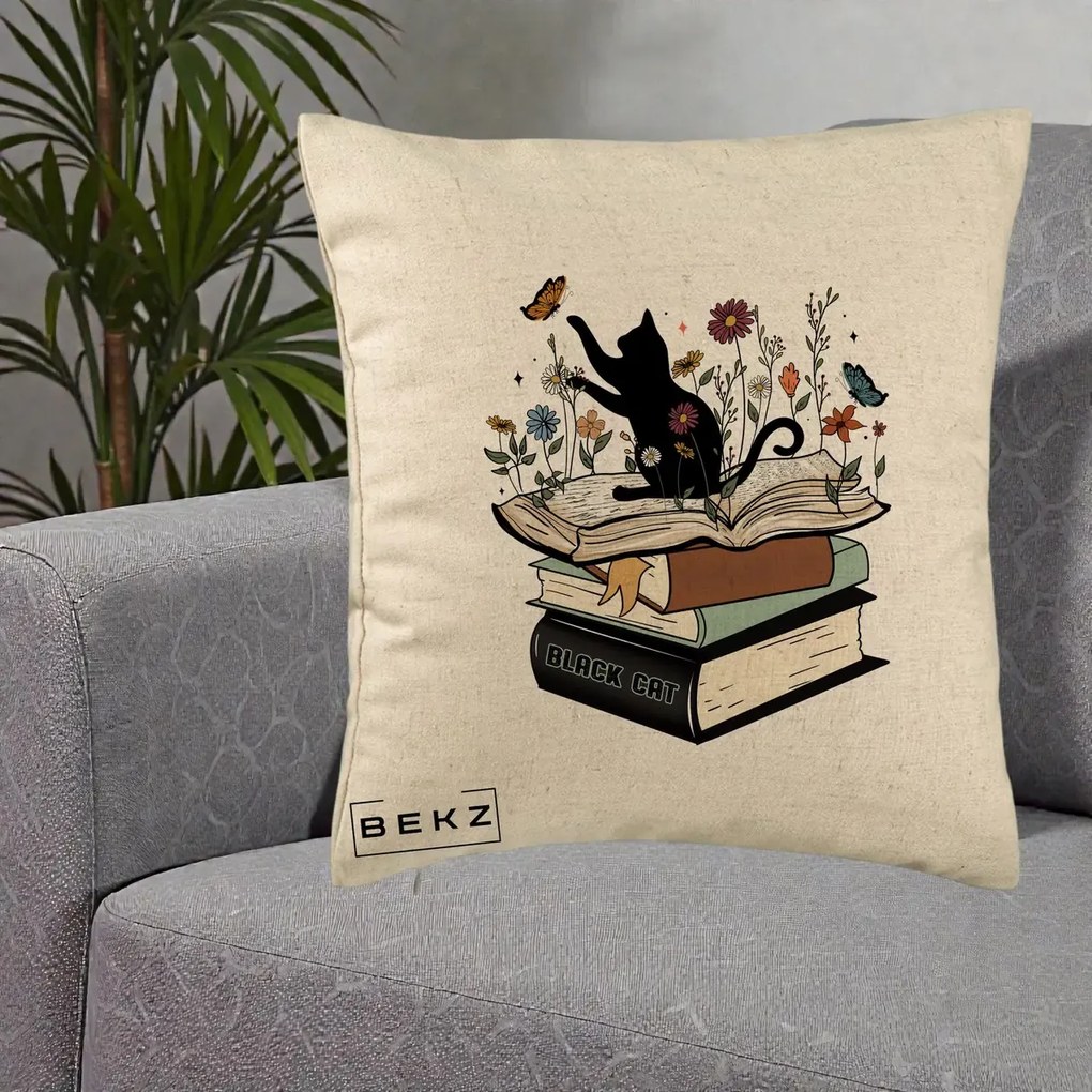 Perna Personalizata Pisica Neagra Carti Flori Fluturi, 40x40 cm, Bej, Husa Detasabila, Perna Inclusa, BEKZ®