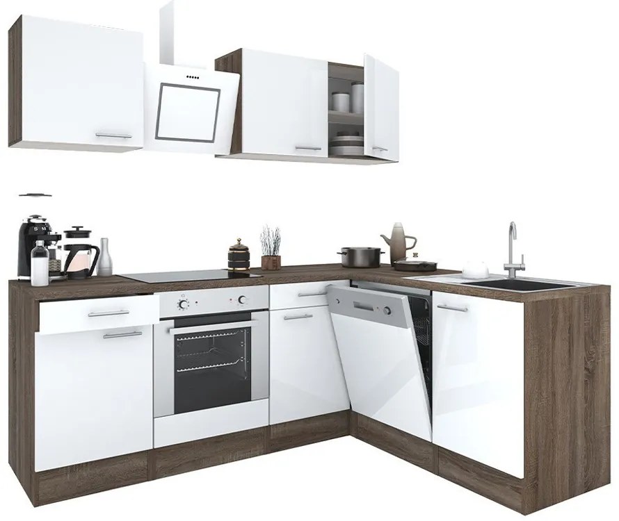 Mobilă de bucătărie de colț Yorki 220, corp din stejar Yorki, față alb satinat cu element inferior al cuptorului