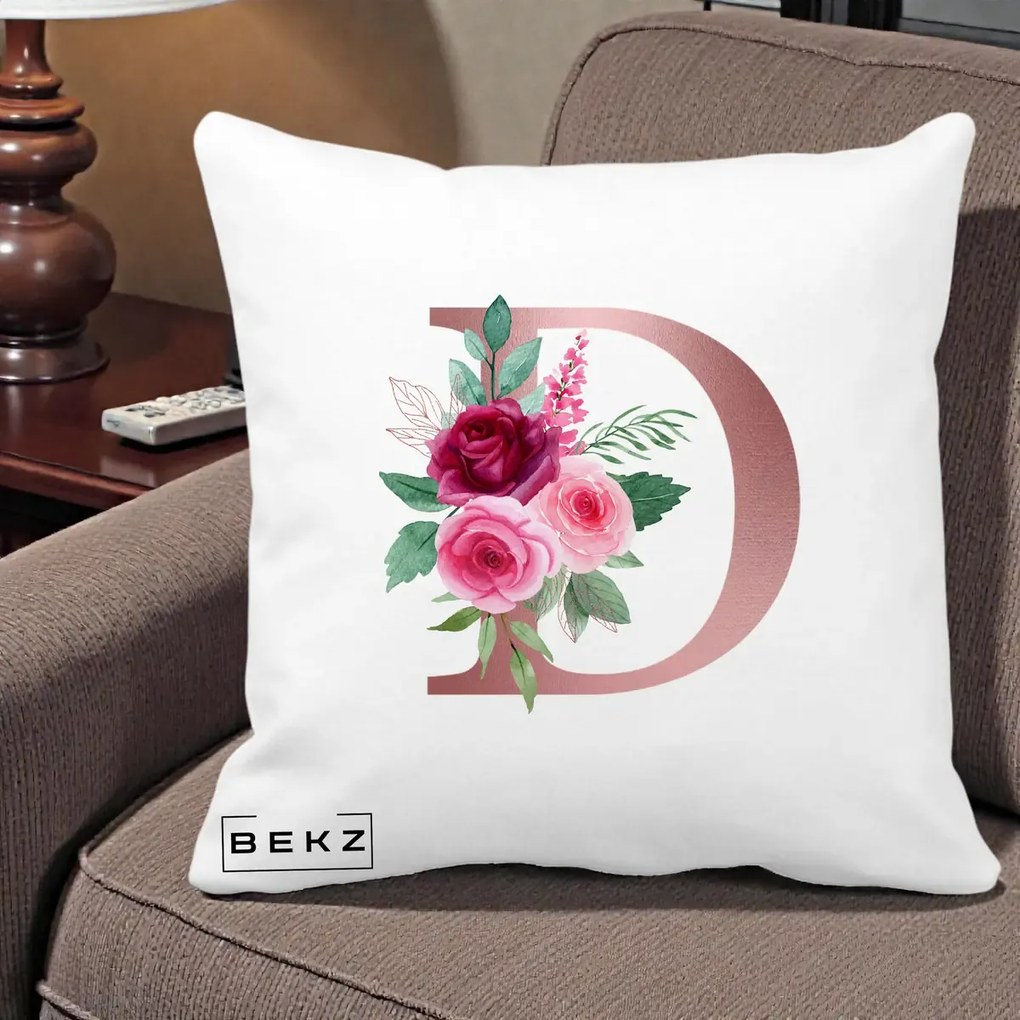 Cadou Personalizat - Perna Personalizata Monograma Rose Gold Litera D, 40x40 cm, Alba Mata, Husa Detasabila, Perna Inclusa, BEKZ®