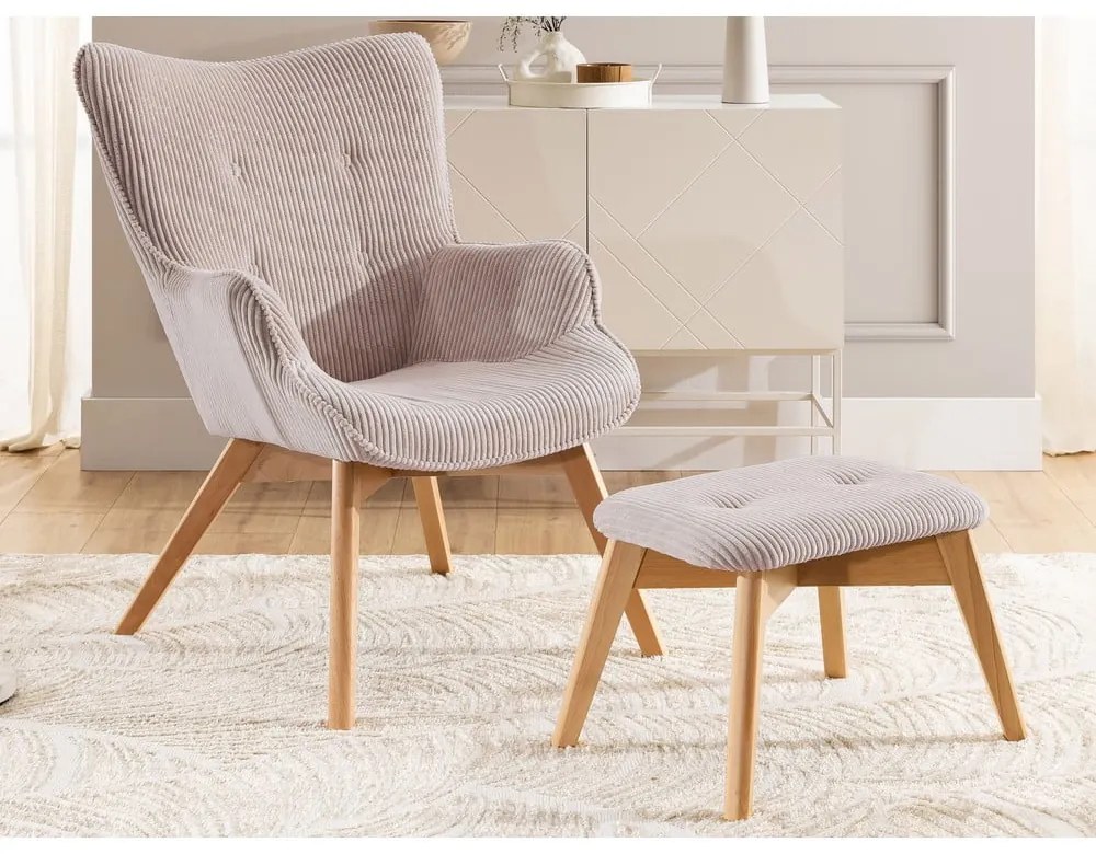 Fotoliu cu taburet roz deschis cu tapițerie din catifea reiată Niko – Ropez