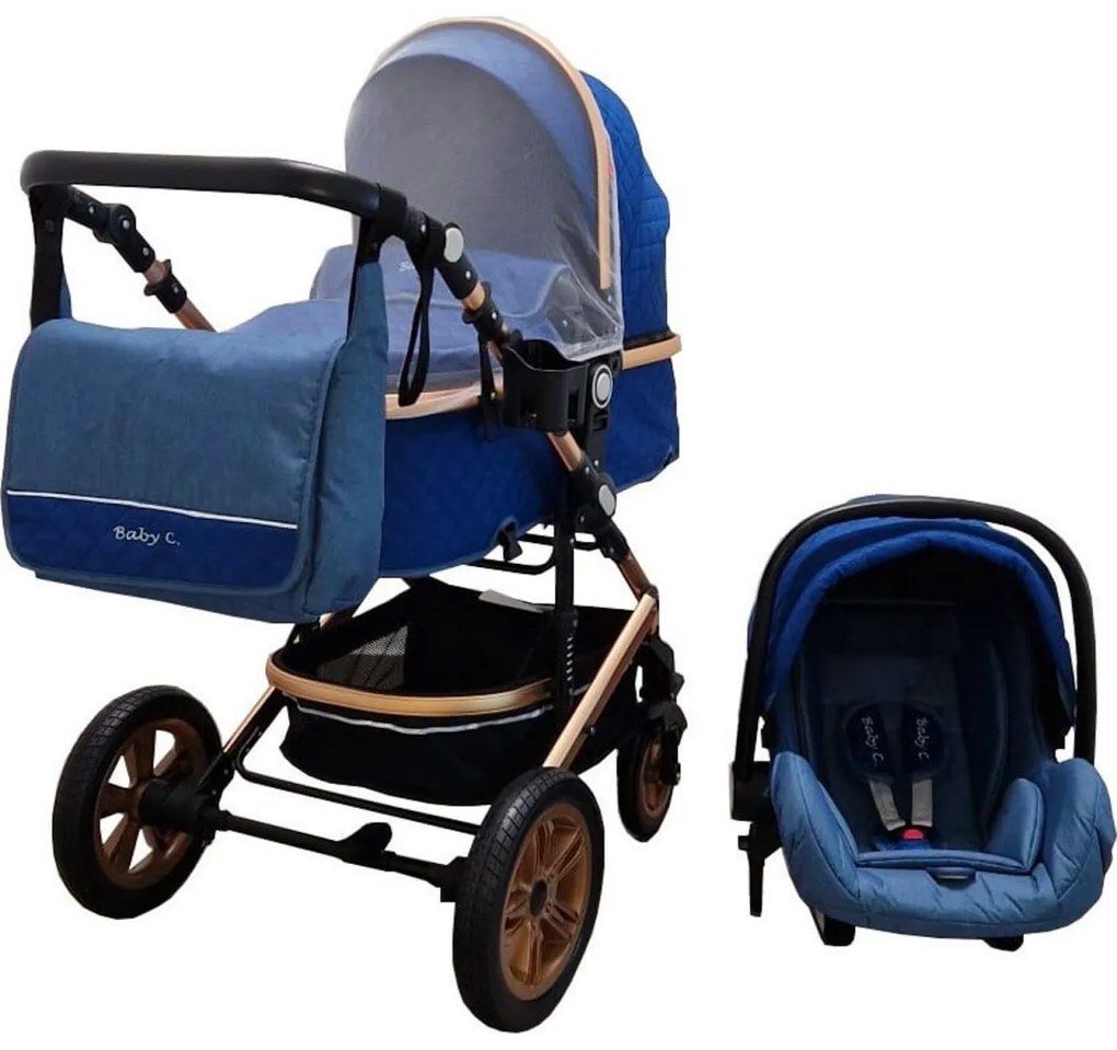 Carucior nou nascuti 3 in 1 Baby Care™ PRO 530, Cu geanta bebe, Cadru Aluminiu , Amortizoare, Roti din cauciuc plin AVE, Landou, Scoica auto, Spatar