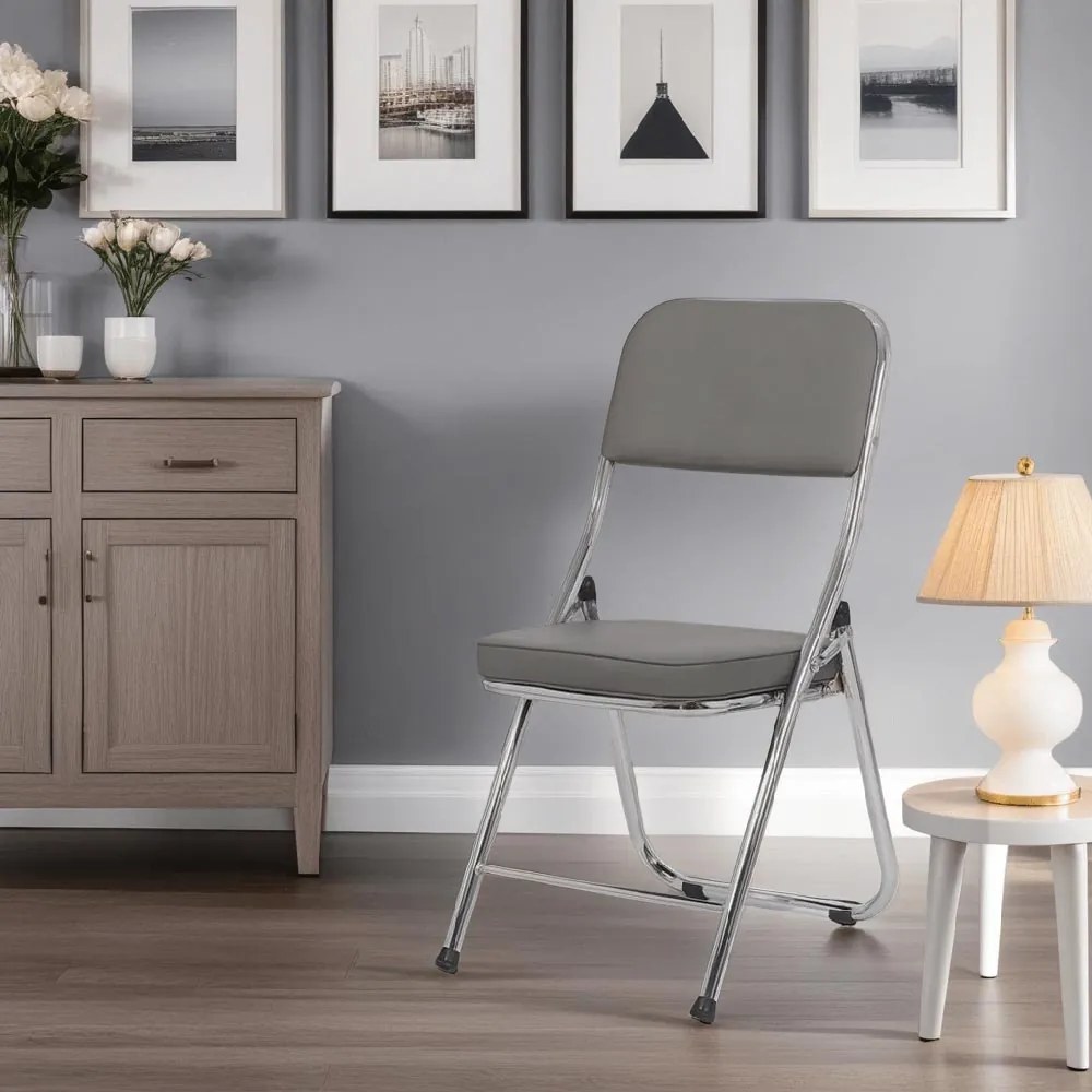 Scaun pliant gri HRC 607 din piele ecologică și cadru metalic cromat