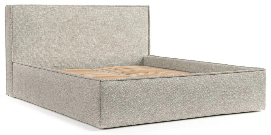 Pat matrimonial bej tapițat cu spațiu de depozitare cu somieră 160x200 cm Lounge L – Maison de Rêve