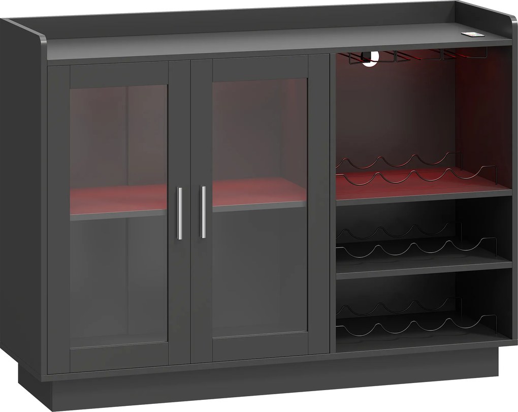 HOMCOM Dulap Port-Sticle cu Lumini LED RGB și Suport pentru 12 Sticle, Dulap pentru Vinuri cu Raft Reglabil și Uși cu Închidere Lentă din Sticlă pentru Casă, Bucătărie și Sufragerie, Negru | Aosom Romania