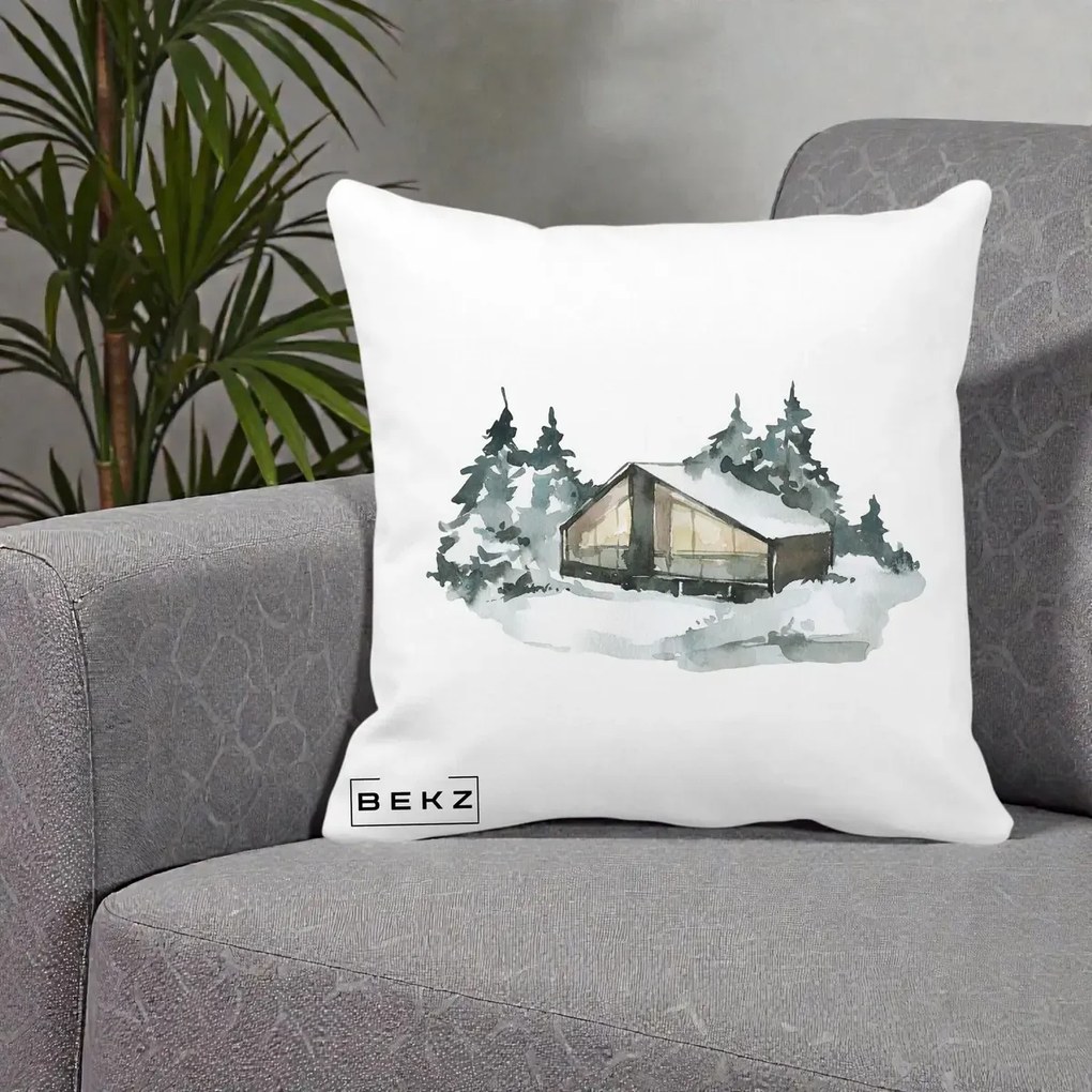 Perna Decorativa Cabana de Iarna in Padure, 40x40 cm, Alba Mata, Husa Detasabila, Perna Inclusa, BEKZ®