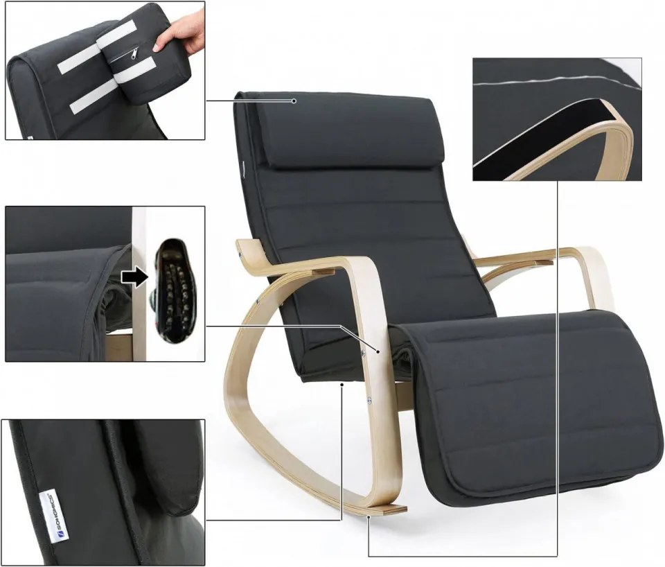 Fotoliu balansoar, lemn de mesteacan / textil, negru, Songmics