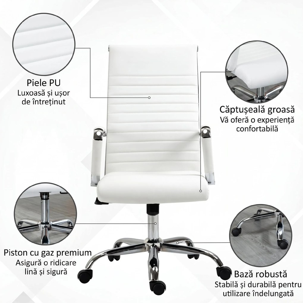 Vinsetto Scaun de birou ergonomic din piele ecologică, cu rotire și balans, 54x62x104-114 cm, alb | Aosom Romania