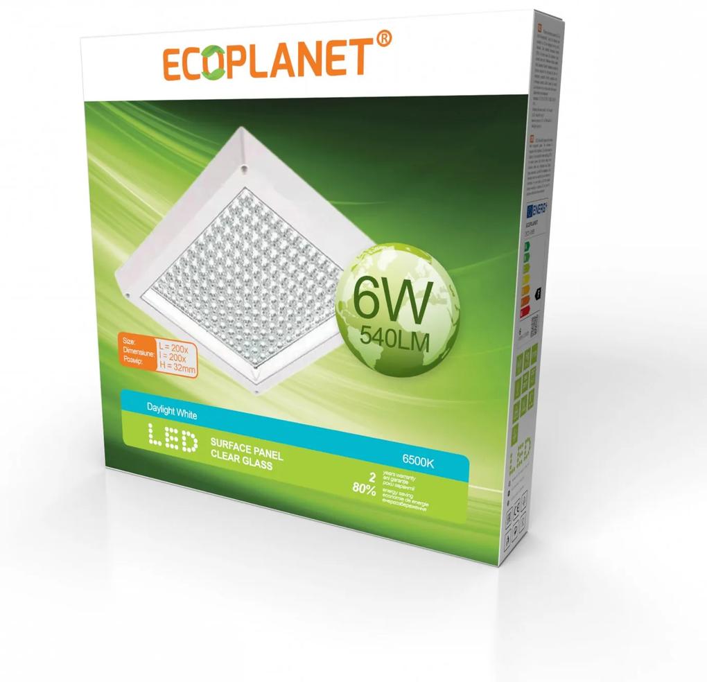 Plafoniera aplicata LED Ecoplanet, patrata 200x200mm, 6W, 540LM, lumina rece 6500k, sticla transparenta, alb Lumina rece - 6500K