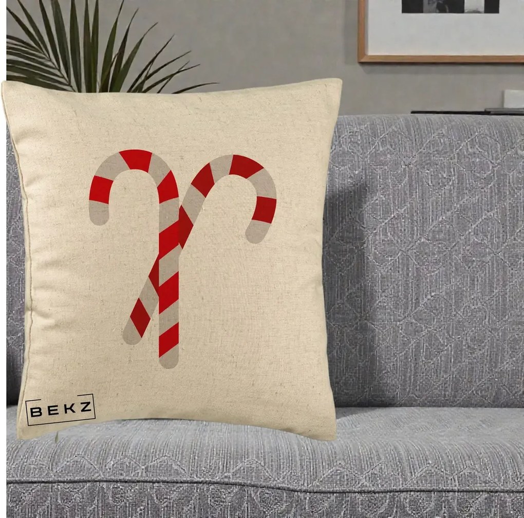 Perna Decorativa Candy Cane de Craciun, 40x40 cm, Bej, Husa Detasabila, Perna Inclusa, BEKZ®