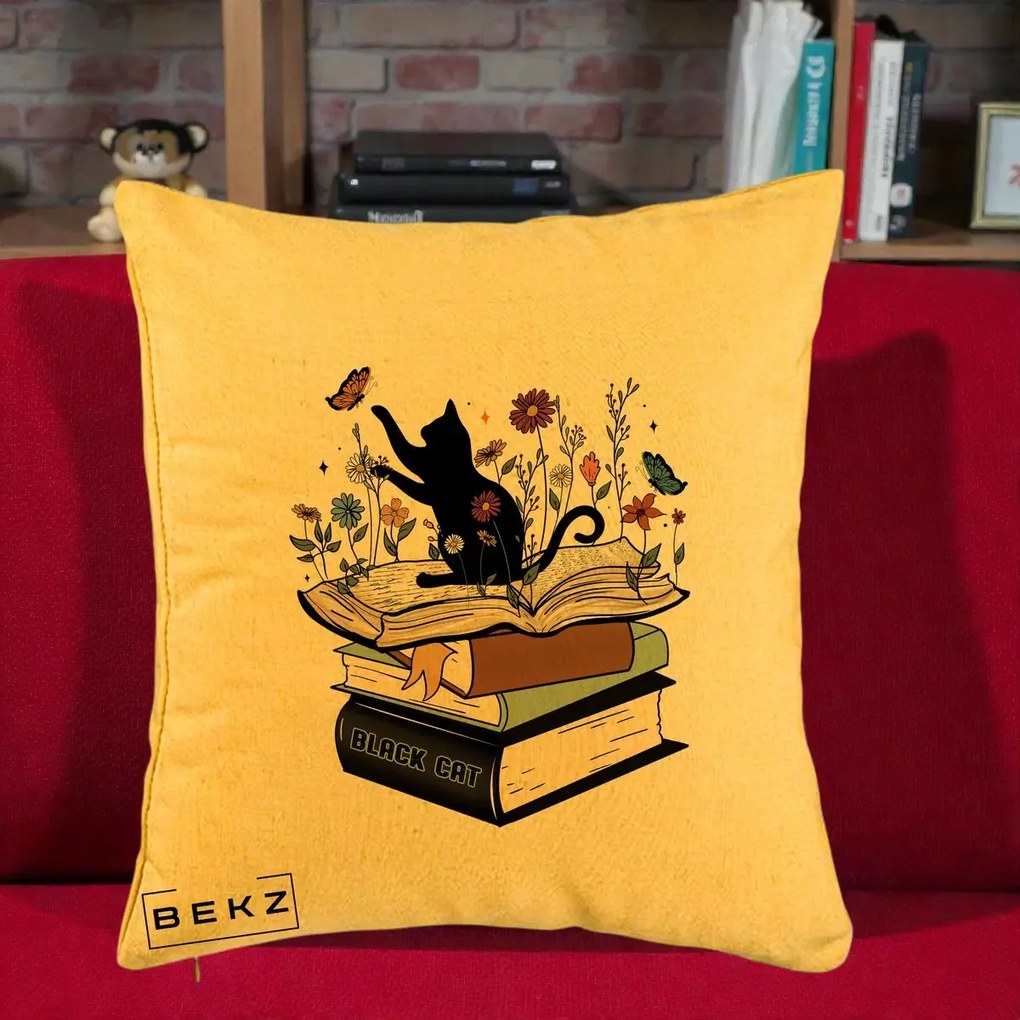 Perna Personalizata Pisica Neagra Carti Flori Fluturi, 40x40 cm, Galben, Husa Detasabila, Perna Inclusa, BEKZ®
