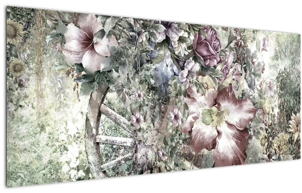 Tablou - Flori pe roata de lemn (120x50 cm)