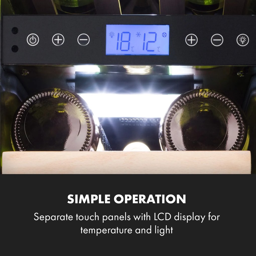 Klarstein Vinovilla 17 Built-in Duo Onyx Edition, vinotecă cu două zone, 53 l, 17 sticle, ușă din sticlă în 3 culori